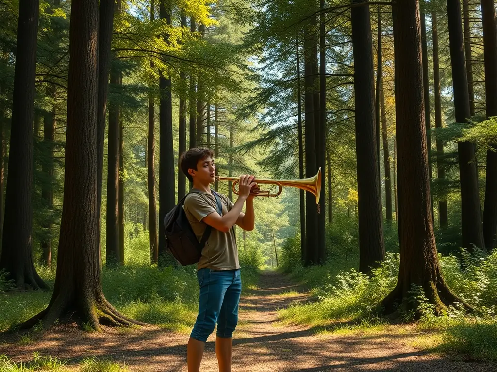 A captivating image of a student skillfully playing a hunting horn in a serene outdoor setting, surrounded by nature.