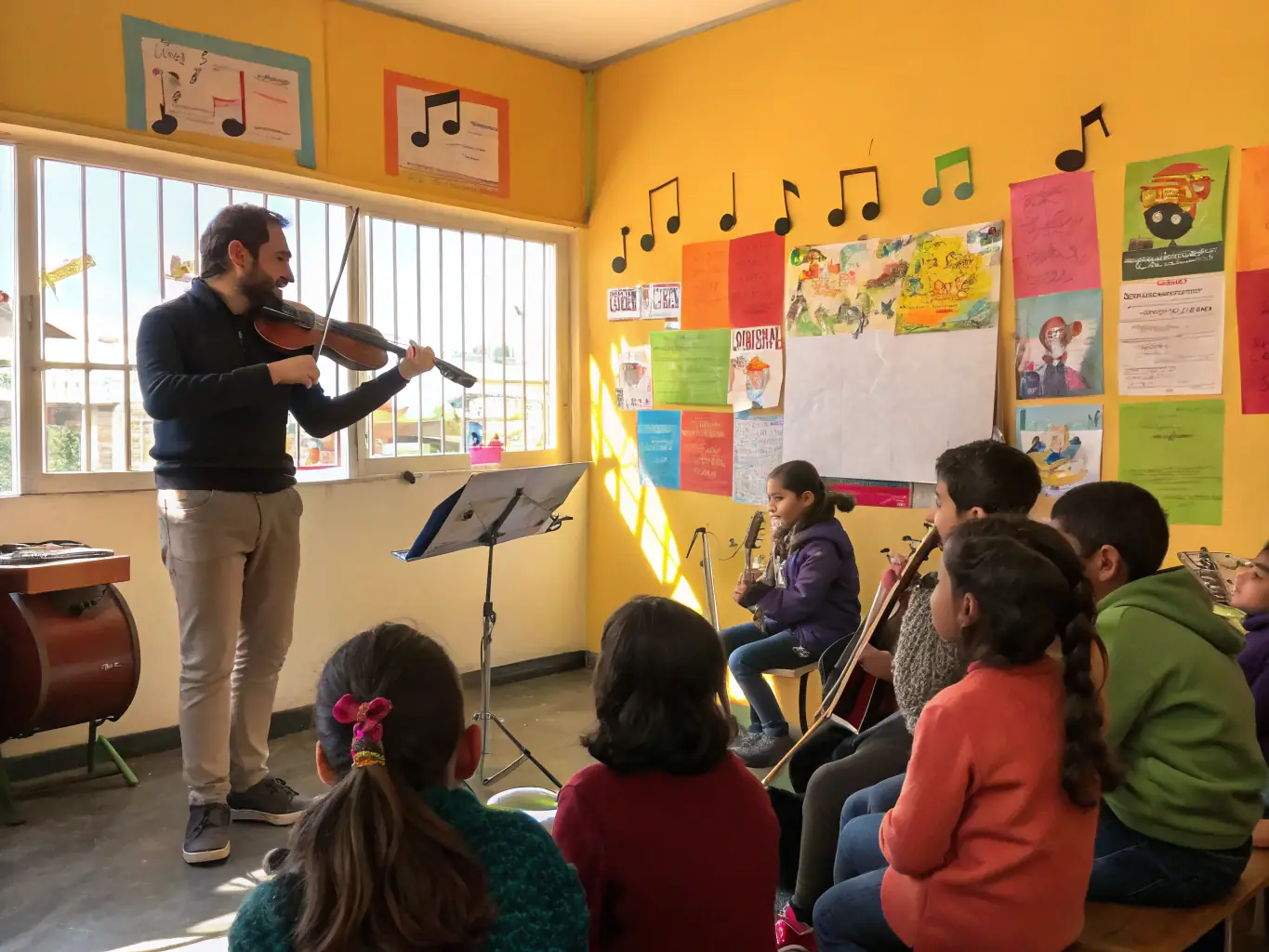 A focused image of a student receiving personalized instruction on a bugle from a skilled instructor in a well-lit practice room.
