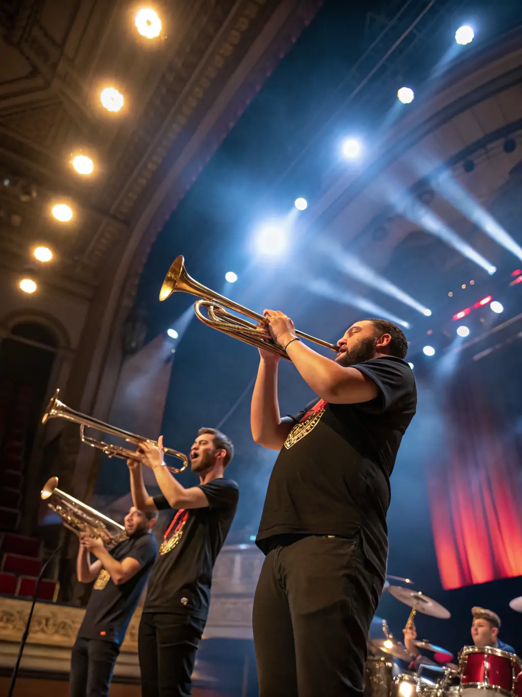 A photo of BFAD members performing with brass instruments during a local community event, capturing the energy and excitement of their performance.