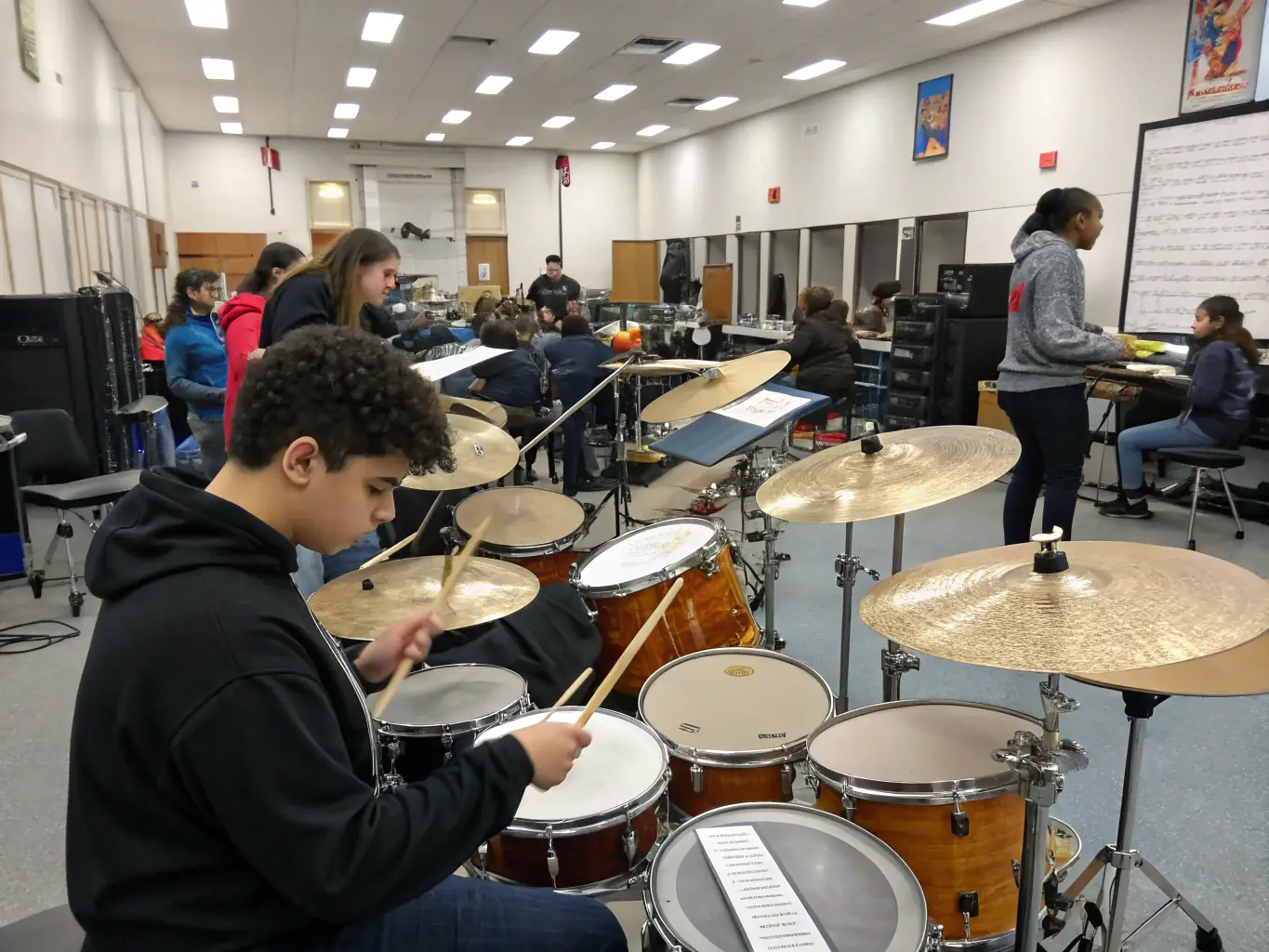A dynamic image showcasing a group of students enthusiastically playing drums in a vibrant and energetic class setting.